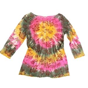 Y2K Fairycore Coquette Grunge‎ Tie Dye T Shirt Sz M Cotton Boat Neck 3/4 Sleeve